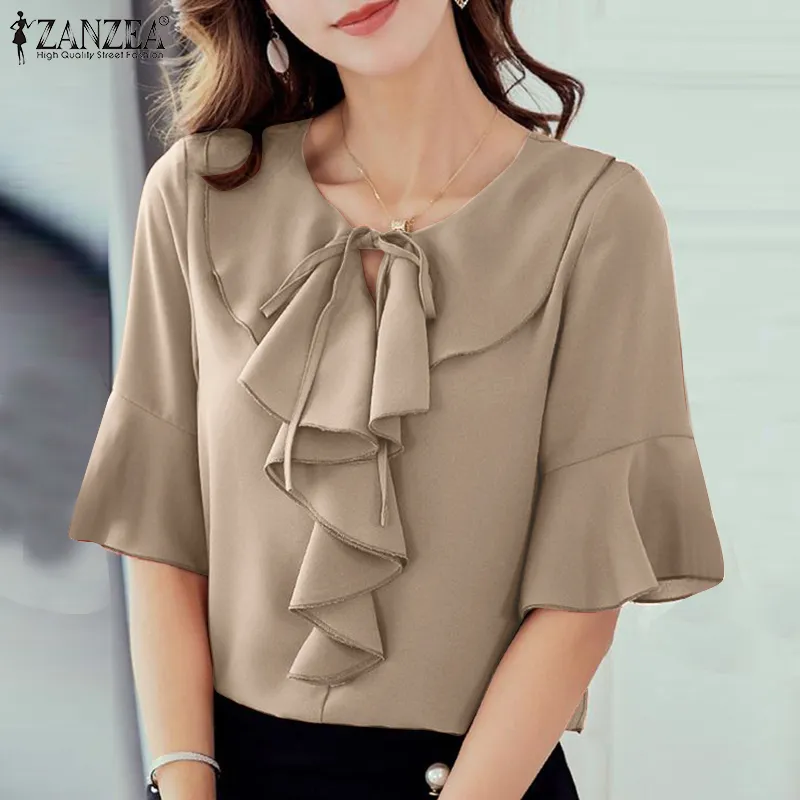 ZANZEA Korean Style Women Flare Short Sleeve Ruffles Shirt Plain Casual  Blouse Tops