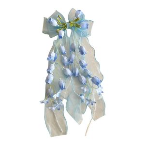 VINTLOOK Cute Bluebell Flower Bow Hair Clip for Kids Princess Style Ribbon Hair Accessory with Delicate Lace and Floating Tassels