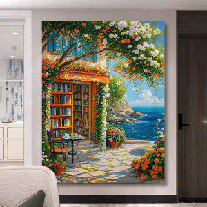 ผ้าแขวนสไตล์ภาพวาดน้ำมันท่าเรือเงียบสงบ ผ้าพื้นหลังเวอร์ชันแนวตั้งยุโรป ผ้าแคนวาสสัมผัสระดับไฮเอนด์ สำหรับห้องนั่งเล่น