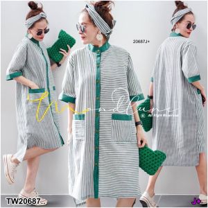 TW20687 เดรสคอจีน หน้าสั้นหลังยาว ลายทาง ..