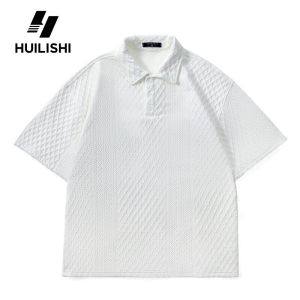 HUILISHI Textured mens plain short-sleeved casual loose polo/top