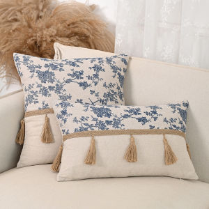 【In stock】30x50cm/45x45cm Linen Cushion Cover with Tassels Boho Botanical Print Patchwork Pillow Case Luxury Throw Covers for Sofa Farmhouse Vintage Style
