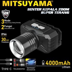 Senter Kepala Zoom Aoki AK-3685A Head Lamp Led 60 Watt Super Terang Senter Rechargeable Type C