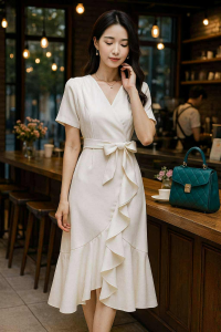 J Korean Casual V neck Ruffle Dress