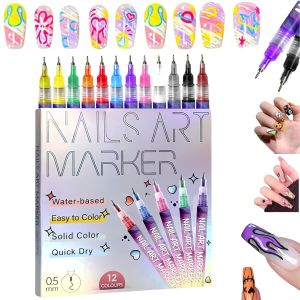 12 Colors Nail Art Pens Set Nail Art Markers Polish Pen DIY Nail Art Marker Drawing Painting 3D Pens Quick Dry Dotting Point Liner Pens for DIY Nails Arts Drawing Painting Tools (12 Pcs)