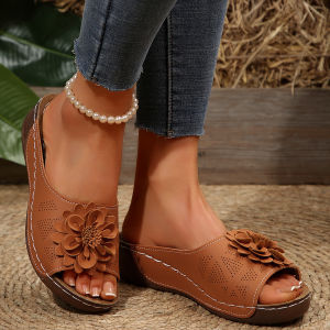 【Free Shipping】New wedge heel open-toe slip-on sandals for women large size floral hollow-out beach sandals ebay