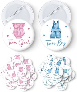40 Pcs Gender Reveal Button Pins Cute Clothes Pattern Team Boy or Girl Button Pins Pink and Blue Baby Shower Party Baby Clothes Buttons Badges for Gender Reveal Party Game Supplies