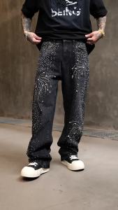 G7 American High Street Full Diamond Design Jeans Men New Trendy Brand Loose Straight Washed Beaded Mens Casual Pants 7/7