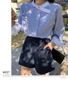 ใหม่ SDO2972 เสื้อเชิ้ตแขนยาวลําลอง ทรงหลวมแต่งคอ ลายทางสีฟ้า แฟชั่นฤดูใบไม้ผลิสไตล์สาวฮ่องกง สําหรับผู้หญิง free size