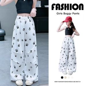 Kids Girls Wide Leg Pants Loose Trousers Cute Puppy Paw Prints Design Summer Cool Baggy Pants Ice Silk Breathable Comfortable Girls Bottoms 7-16yrs