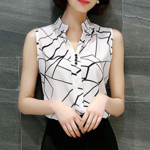 WOU&EY Women Chiffon Shirt Floral Off Shoulder T Shirt Plus Size Printed Shirt Sleeveless Blouse