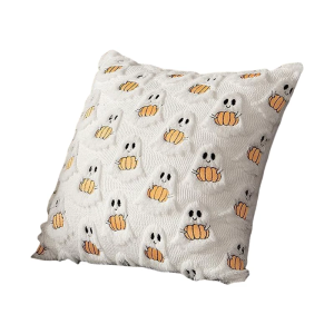 Embroidered Ghostly Pumpkin Cushion Cover 18x18Inch Soft Faux Furs Pillow Case Halloween Decors For Living Room Bed Sofa