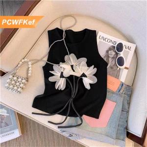 【PCWFKef】 Mùa hè thời trang Chic hoa dệt kim vest Phụ Nữ Vòng cổ không tay sọc Tank Top
