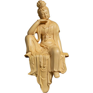 Handmade Carved Buddha Statue Crafts Solid Wood Sitting Guan Yin Bodhisattva Statue Wood Figure