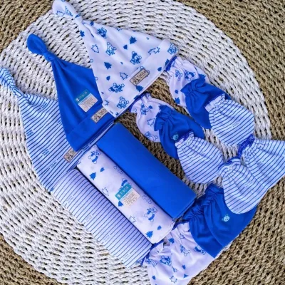 Seri Biru Paket Hemat 12 Pcs Bedong Set Topi Sarung Tangan Kaki Bayi Baru Lahir Newborn talitababy