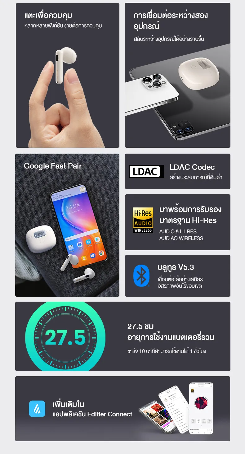 Edifier W320TN TWS หูฟังตัดเสียงรบกวนหูฟังบลูทูธ V5.3 Adaptive Active Noise Cancellation 3 + 3 ไมโครโฟน AI Adaptive การรับรองไร้สายความละเอียดสูง