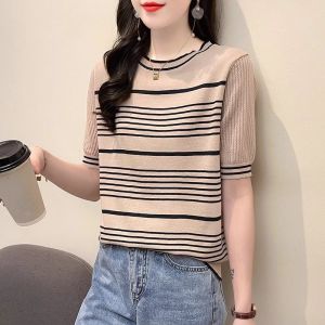 LUCKIN STORE Womens Short Sleeve T-Shirt Womens Embroidered Floral Stripe Ice Silk Knit Top Summer New