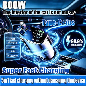 900W 7 In 1 Car Fast QC5.0 Charger Car Charger Fast Charging Socket Outlet Multiple Socket High Quality Fast Charger for Cellphone Car Accessories Charger with Voltmeter Type C Iphone USB Port Charger Outlet 180° Rotation Retractable