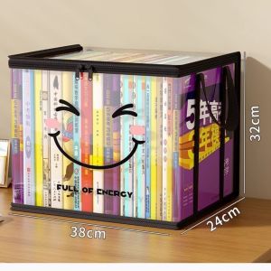 FUDESHE ความจุขนาดใหญ่ กล่องเก็บของสี่เหลี่ยม พร้อมฝาปิด ด้วยใบหน้าที่มีความสุข กล่องหนังสือพับได้ แบบพกพา พีวีซี ถังเก็บของ หนังสือ