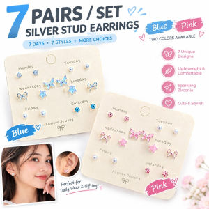 7 Pairs Stud Earrings Set for Women Silver Butterfly Star Pearl Bow Earrings Blue Pink Weekly Fashion Jewelry Cute Earrings for Daily Wear School Party Birthday Gift for Her