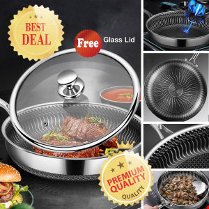 30cm Food-grade SUS304 Multi-ply 18/10 Surgical Stainless Steel Non-Stick Double-Sided Honeycomb textured Scratch-Resistant Fry Pan 不锈钢聚能不粘锅