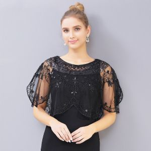 NOVELLEO Transparent Lace Shoulder Yarn Mesh Embroidery Flower Wedding Scarves Shawl Jacket Accessories Sequins Evening Capes For Women