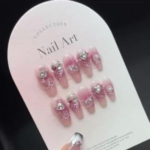 [HANDMADE]Artificial Nail Sweetheart Lace Pattern Long Trapezoid Blush Gradient Wedding Nail Art Phototpy Nails Reusable and Removable Nails