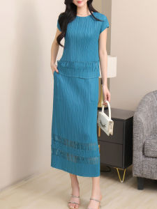 Sunya 1. Miyake Womens Casual Loose Fit Two-Piece Set - Pleated Round Neck Pullover & Hollow-Out Skirt Breezy Summer Outfits#20254012