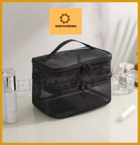 KEEPWORKING Mesh Cosmetic Bag Mesh Makeup Bags Pouch For Offices Travel Storage Bags Double Layer Toiletry Bags