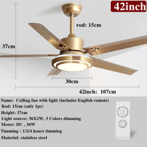 GOGEOUS Stainless steel ceiling fan with light modern ceilings fan 52inch ceiling fan with led light 3 colors dimming 6 gear wind mute ceiling fan heavy duty ceiling fans for living room bedroom dining room hotel