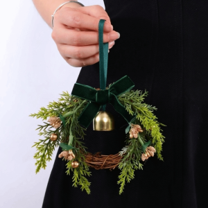 IIU Velvet Bow Christmas Wreath Pine Cones Metal Bell Door Garland Vintage Artificial Greenery Xmas Tree Hanging Ornaments Party