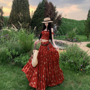 2026 Summer Women Vintage Red Printed One‑Shoulder Top with Skirt 2‑Piece Set