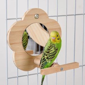 OUTOPEN Moon-shaped Bird Flower Mirror Toy Hanging Bite Resistant Bird Interactive Play Toy Pet Supplies with Bell Bird Wooden Perch For Small Parrot