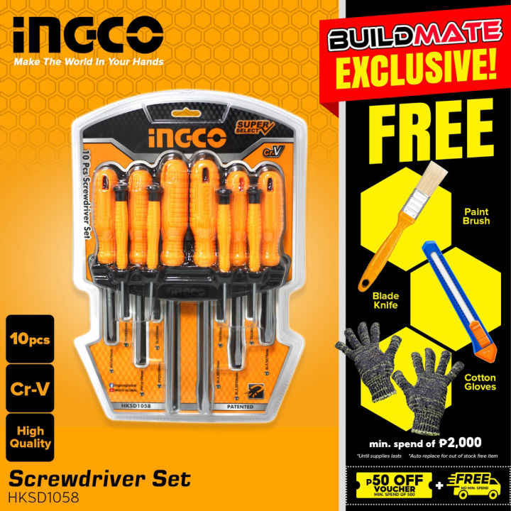 BUILDMATE Ingco Screwdriver Set 4PCS / 10PCS Flat & Philip Round Shank