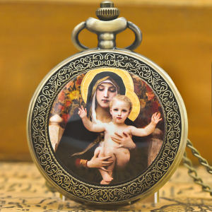 Virgin Mary and Jesus Pattern Vintage Quartz Pocket Watch Fashion Couple Accessories Childrens Holiday Gifts