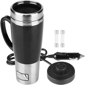 gernie Car Electric Kettle 12V / 24V 450ml Stainless Steel Heating Cup Portable Car Heated Mug 50W Fast Boiling Electric Coffee Cup with for Winter Travel (Black) (12V)