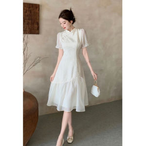 新中式旗袍改良复古风连衣裙女拼接设计气质显瘦中长款 New Chinese Style Cheongsam Dress Women Mandarin Collar