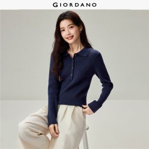 Giordano Beau Monde Women Half button collar slim sweater Free Shipping 13356919