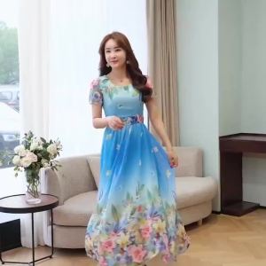 Korean White Red Blue Chiffon Hawaiian Plus Size 4XL Long Maxi Casual Dress㏇X0413