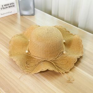 RGFV French Style Pearls Strap Straw Hat Spring Summer Wide Brim Womens Sun Hat Trendy Travel Folding Straw Hats Female