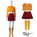 Movie Scoob! Velma Dinkley Cosplay Costume Scooby Doo Velma Dress Skirt Socks Glasses Outfit Velma Short Hair Wig Halloween Carnival Uniform Dress. 