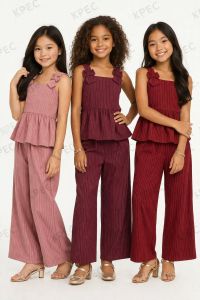 AA Chic Green Floral Embellished Peplum Top & Wide-Leg Pants Set for Girls