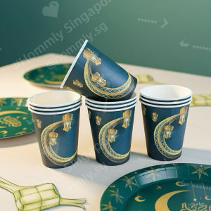 [Hommly SG Instock] 10PCs Hari Raya Eid Mubarak Golden Moon Star Disposable Tableware Set | Plates Cups Napkins