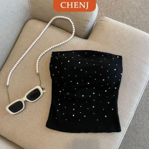 [COD] CHENJ เสื้อเกาะอกประดับพลอยเทียมเซ็กซี่3สีแขนกุดสำหรับวันหยุดเข้าได้กับทุกชุด