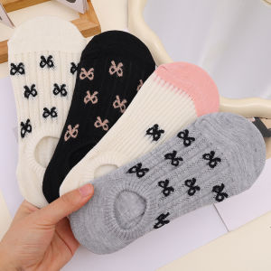 Womens Socks Summer Breathable Bow Socks Lightweight Cotton Feel Mesh Solid Color Socks Simple Silicone Anti-Slip Invisible Socks