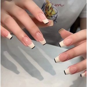 [HANDMADE]Artificial Nail Nude Pink Milky White Stitching French Black Edge Long Style Phototpy Nails Reusable and Removable Nails