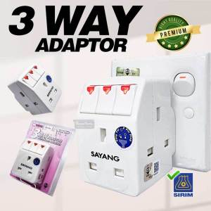 SAYANG 3 Way Adaptor Adapter With Individual Neon Switch Safety 13A Extension Plug Socket SIRIM approved plak 3 hala