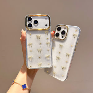 3D Embellished Gold Bow Transparent Resin Phone Case for iPhone 11 12 13 14 15 16 17 Pro Max Plus Air Casing Anti-fall Cover for iPhone 13 Case