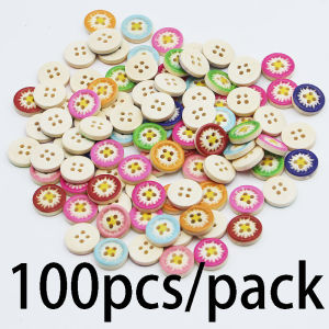 (100ชิ้น/แพ็ค) กว้าง15มม. 4รูสีผสมดอกเดซี่กระดุมทาสีไม้การตกแต่งเสื้อผ้าเสื้อผ้าเด็ก