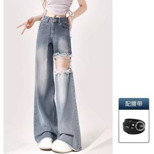 ali Béo mm Quần Jean Ống Đứng Ren Rách Cổ Điển Kiểu Mỹ Cỡ Lớn Quần Ống Rộng ỐNg RộNg Khâu Rỗng Cho Phụ Nữ